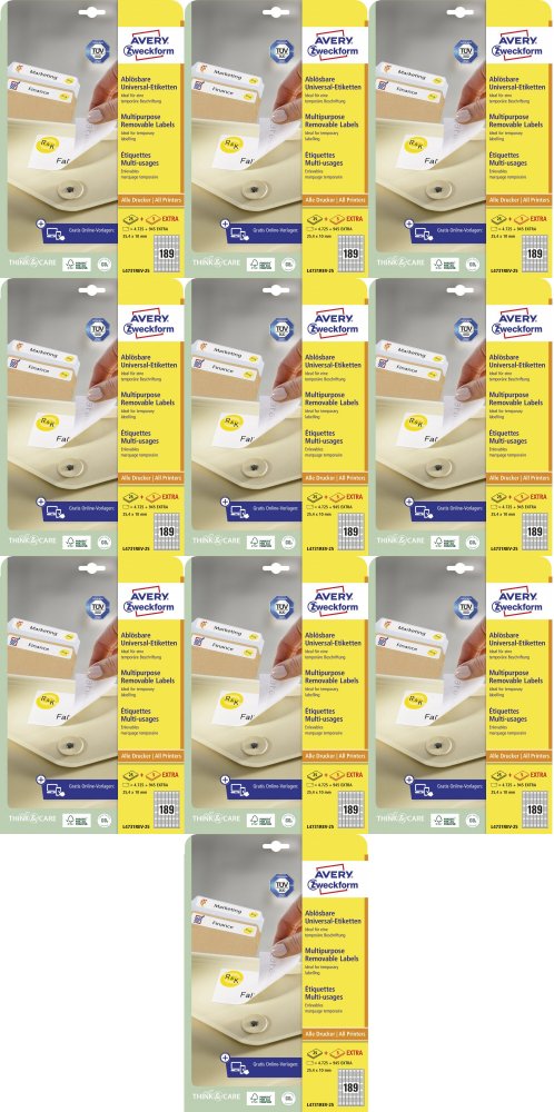 10x Etykiety samoprzylepne usuwalne Avery Zweckform, 25.4x10mm, 25 arkuszy + 5 gratis, biały