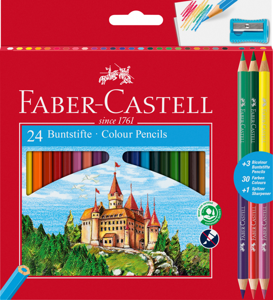 Kredki ołówkowe Faber Castell Zamek, 24 sztuki + 3 kredki dwustronne + temperówka, mix kolorów