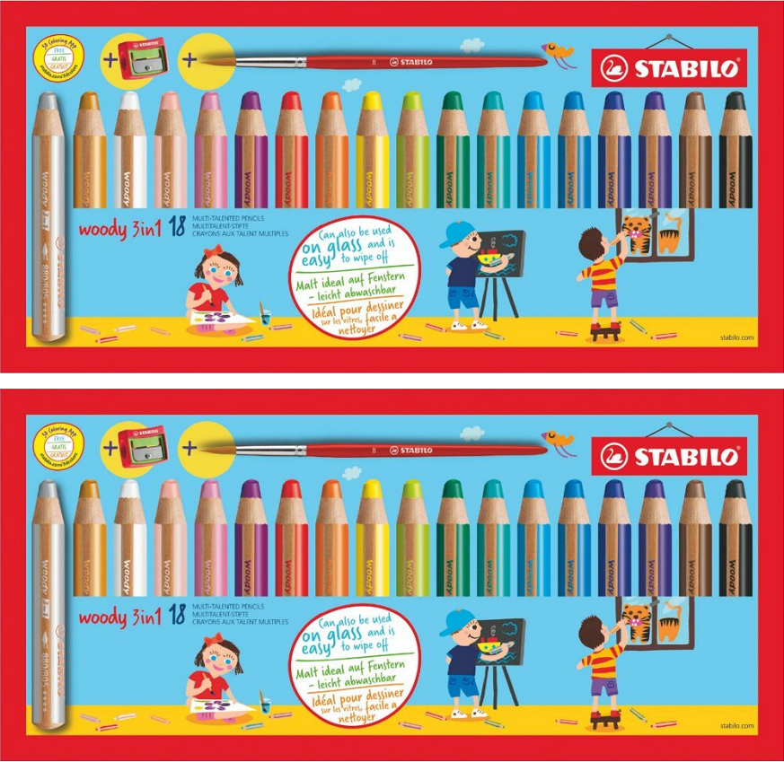 2x kredka Stabilo Woody 3 w 1 Arty, z temperówką i pędzelkiem, 18 sztuk, mix kolorów