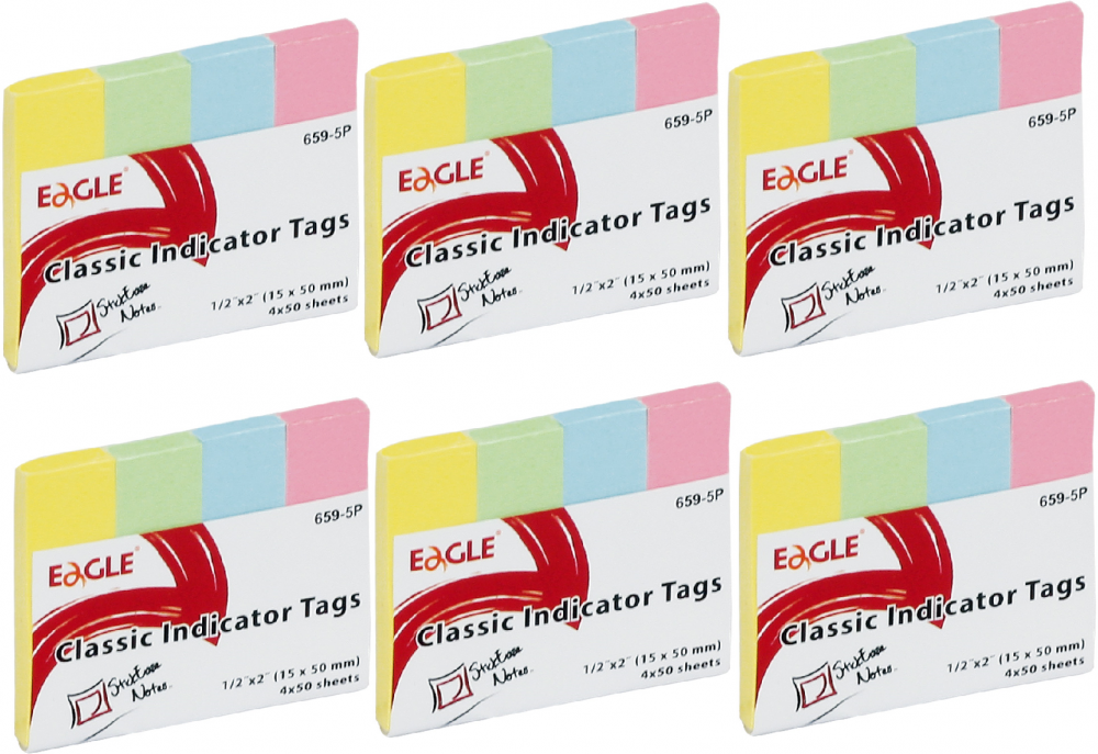 6x zakładki samoprzylepne Eagle proste, indeksujące, papier, 15x50mm, 4x50 sztuk, mix kolorów