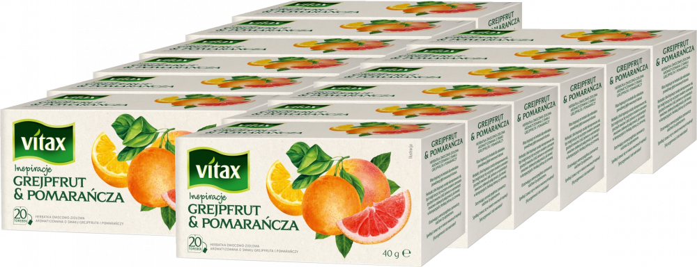 12x Herbata owocowa w torebkach Vitax Inspirations, grejpfrut i pomarańcza, 20 sztuk x 2g