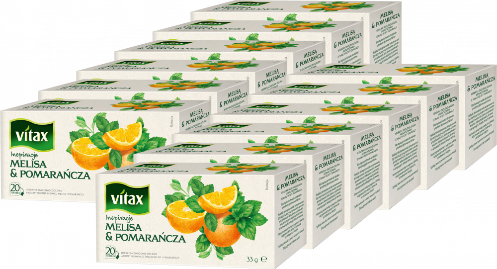12x Herbata owocowa w torebkach Vitax Inspirations, melisa i pomarańcza, 20 sztuk x 1.65g