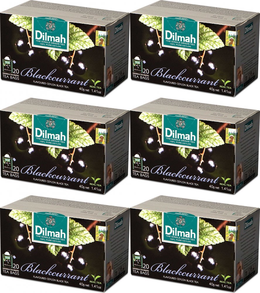 6x Herbata czarna aromatyzowana w kopertach Dilmah, czarna porzeczka, 20 sztuk x 2g