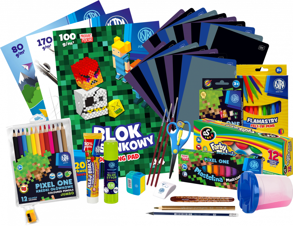 Zestaw: Wyprawka szkolna Astra Pixel One (L), 21 elementów + 20x Zeszyt w kratkę Interdruk UV One Color, A5, 60 kartek, mix kolorów