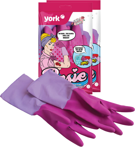 2x Rękawice lateksowe domowe, zapachowe York Rosie, z powłoką antybakteryjną, rozmiar M, 1 para, różowy