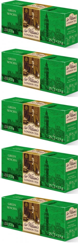 5x Herbata zielona w torebkach Sir William's London Green Sencha, 25 sztuk x 1.5g