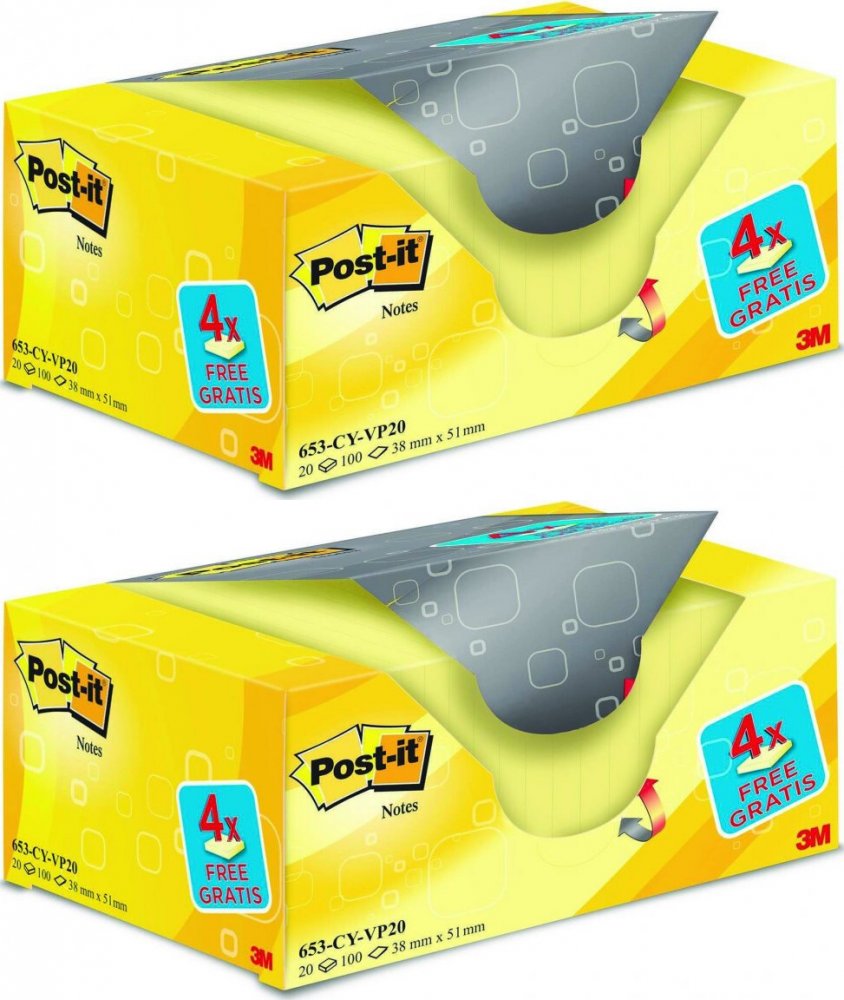2x Notes samoprzylepny Post-it, 38x51mm, 20x100 karteczek, żółty