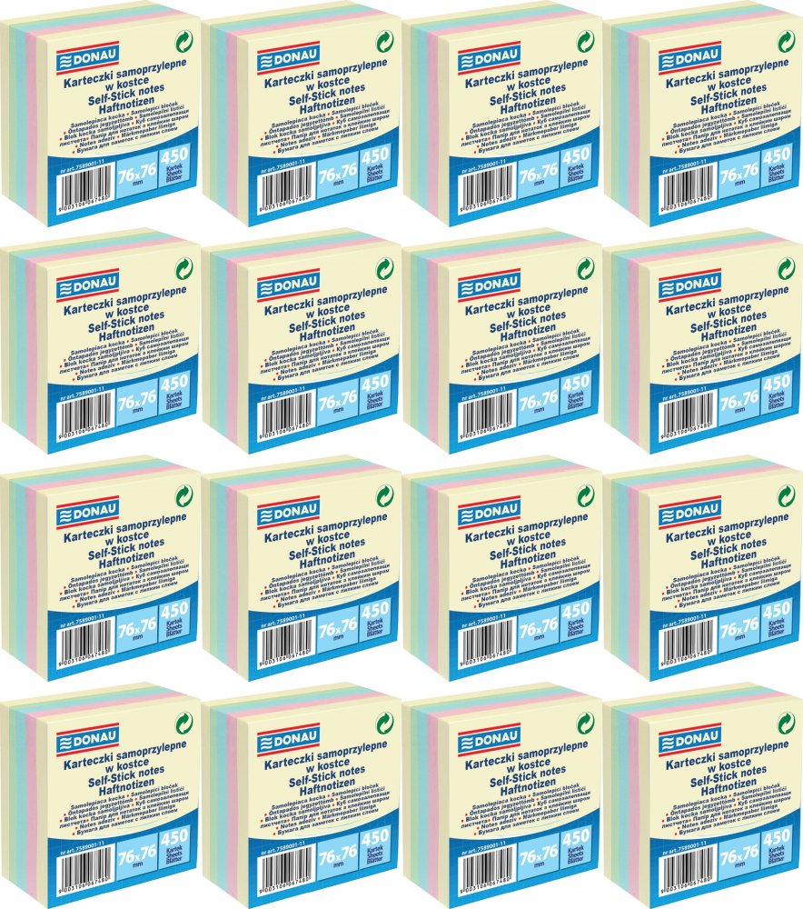 16x Karteczki samoprzylepne Donau, 76x76mm, 450 karteczek, mix kolorów pastelowych