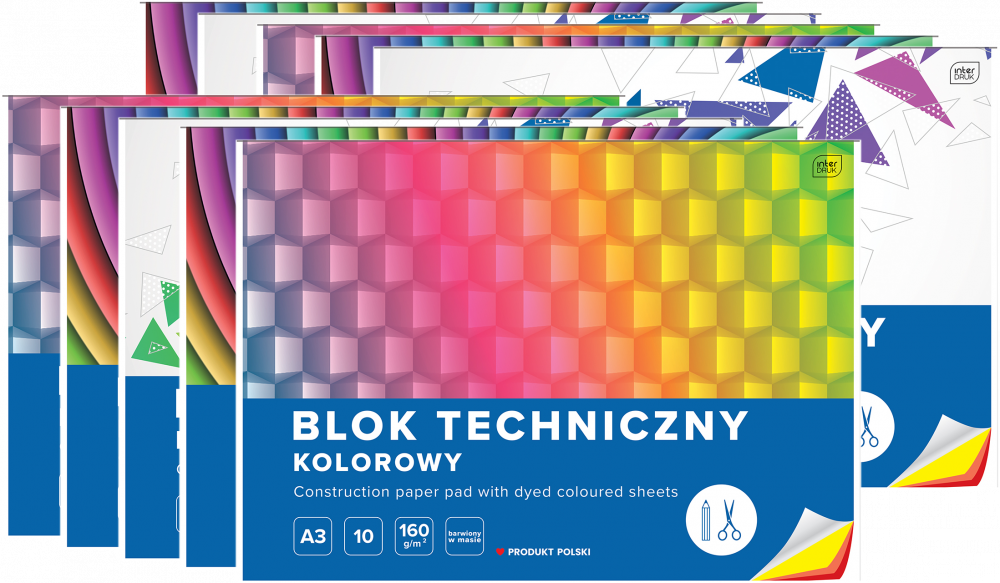 10x Blok techniczny kolorowy Intedruk, A3, 10 kartek, mix wzorów