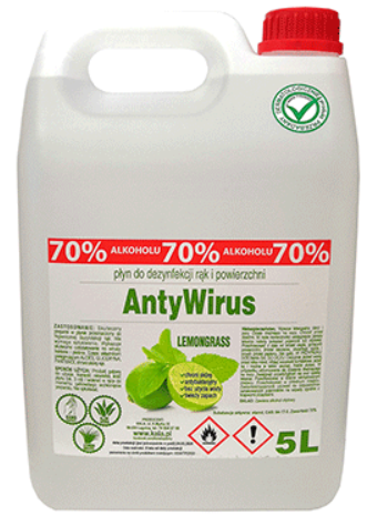 Płyn do dezynfekcji rąk i powierzchni Kala AntyWirus Lemongrass, 70% alk., 5l