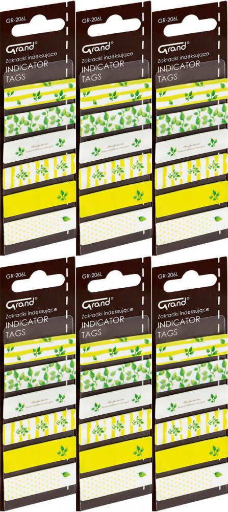 6x Zakładki samoprzylepne Grand GR-206L, proste (z nadrukiem liści), indeksujące, folia, 45x12mm, 6x20 sztuk, mix kolorów