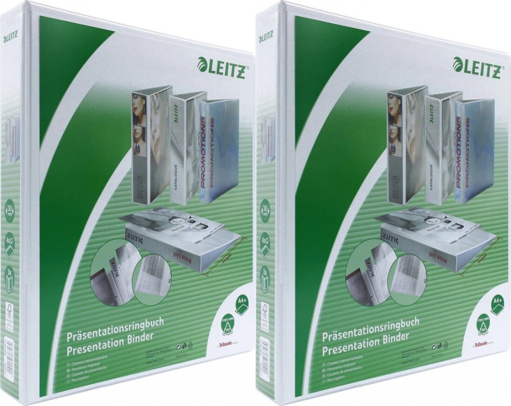 2x Segregator prezentacyjny Leitz, A4, szerokość grzbietu 51mm, do 280 kartek, 4 ringi, biały