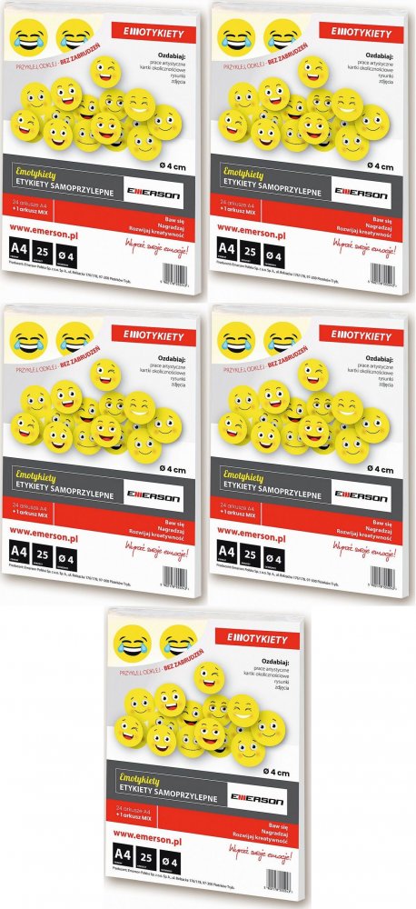 5x Etykiety buźki Emerson Emotykiety, średnica 40mm, 25 arkuszy, żółty