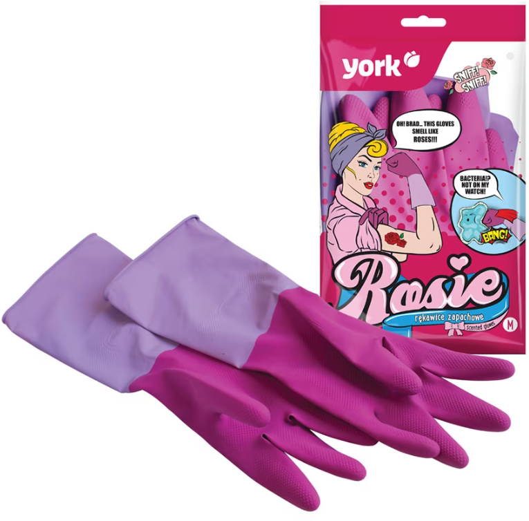 Rękawice lateksowe domowe, zapachowe York Rosie, z powłoką antybakteryjną, rozmiar M, 1 para, różowy