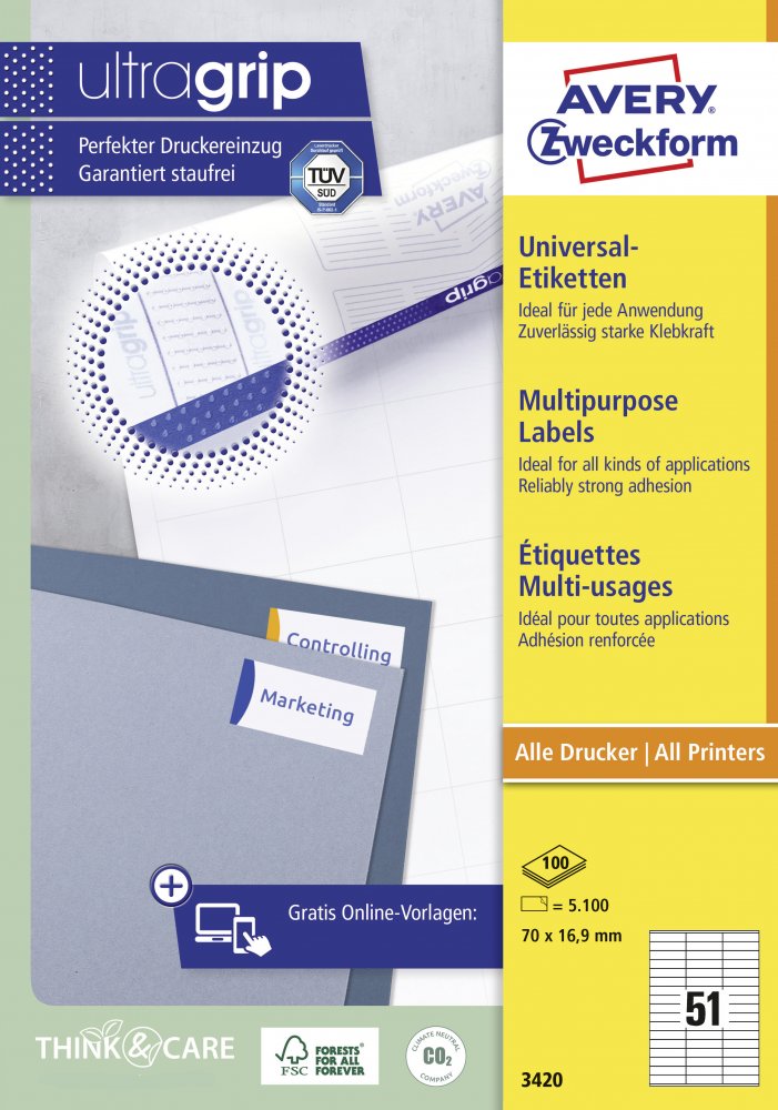 Etykiety samoprzylepne Avery Zweckform, 70x16.9mm, 100 arkuszy, biały