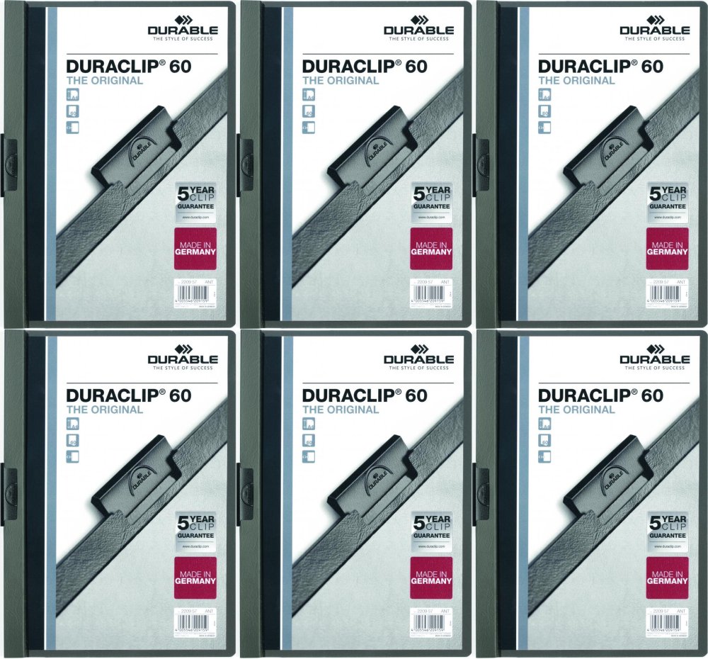 6x Skoroszyt plastikowy z klipsem Durable DuraClip, A4, do 60 kartek grafitowy