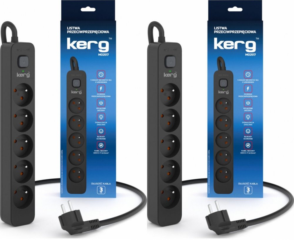 2x Listwa przeciwprzepięciowa Kerg, 3m, 5 gniazd, czarny