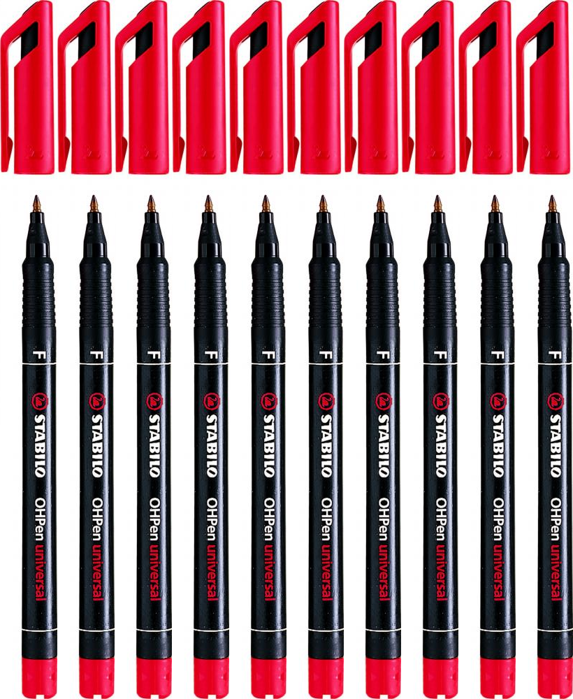 10x Foliopis Stabilo, OHPen, okrągła, 0.7mm (F), czerwony