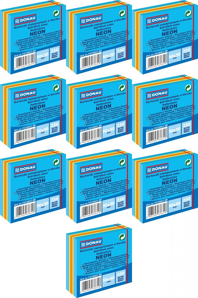 10x Karteczki samoprzylepne Donau, 50x50mm, 250 karteczek, neon-pastel, mix niebieski