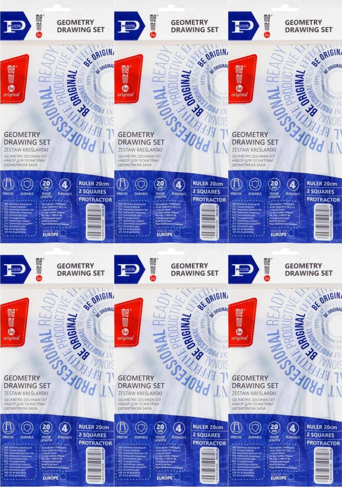 6x Zestaw kreślarski MemoBe by Pratel, z linijką 20cm, 4 elementy, transparentny
