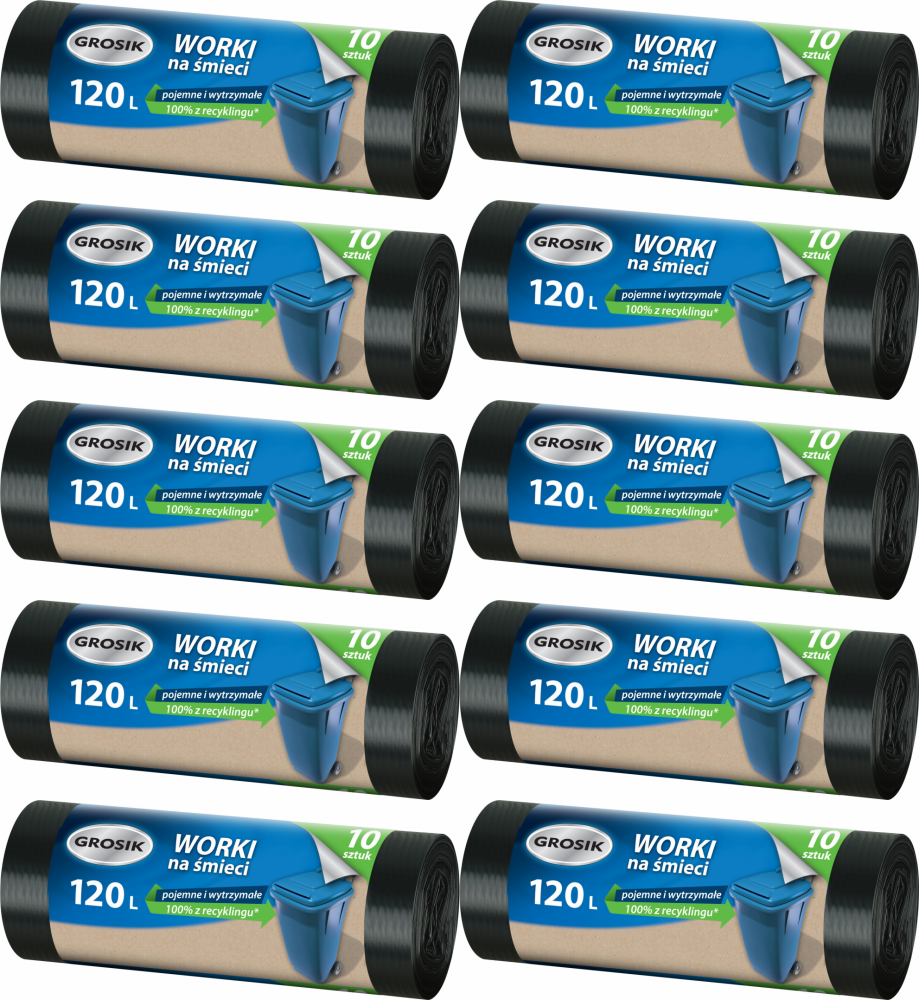 10x Worki na śmieci Grosik, na odpady zmieszane, supergrube, 120l, 10 sztuk, czarny