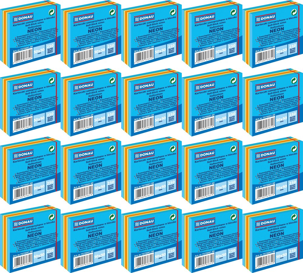 20x Karteczki samoprzylepne Donau, 50x50mm, 250 karteczek, neon-pastel, mix niebieski