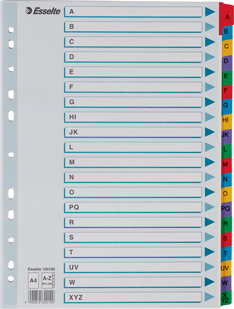 Przekładki do segregatora Esselte Mylar, kartonowe, alfabetyczne, A4, 20 kart, mix kolorów