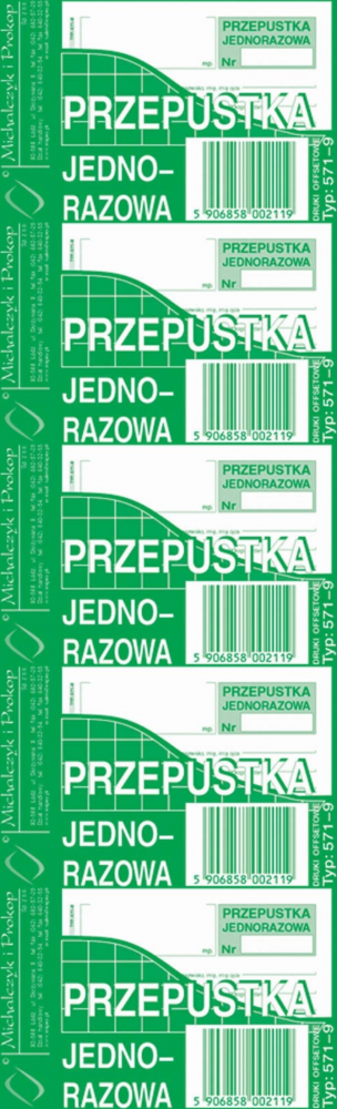 5x Druk akcydensowy Przepustka jednorazowa MiP 571-9, A7, offsetowy, 80k