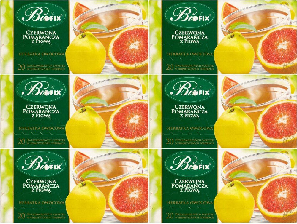 6x Herbata owocowa w kopertach BiFix Premium, czerwona pomarańcza z pigwą, 20 sztuk x 2g