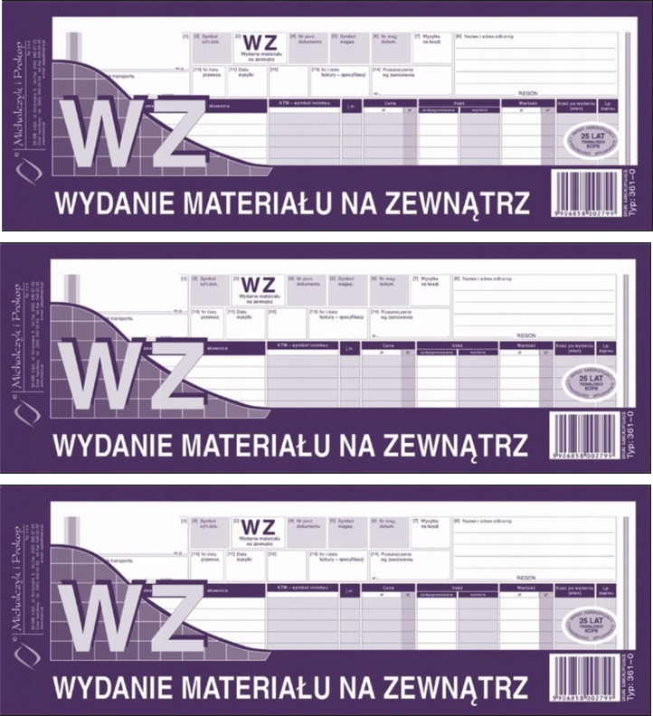 3x Druk akcydensowy WZ Wydanie materiału na zewnątrz MiP 361-0, 1/2 A4, wielokopia, 80k