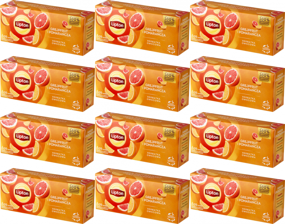 12x Herbata owocowa w torebkach Lipton, grejfrut i pomarańcza, 20 sztuk x 1.7g