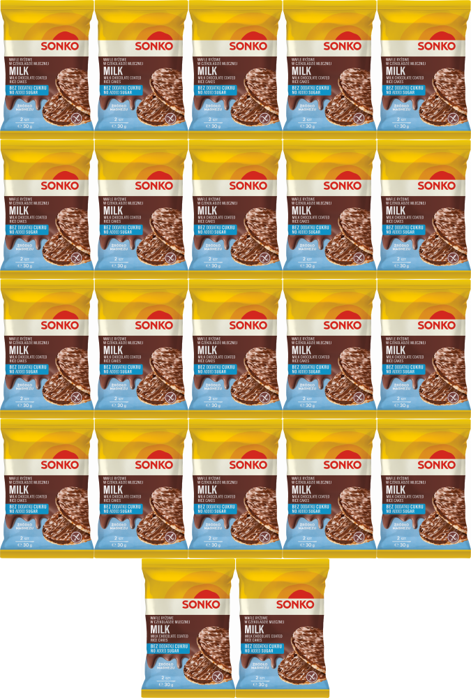 22x Wafle ryżowe Sonko, w czekoladzie mlecznej, bez dodatku cukru, 2 sztuki, 30g