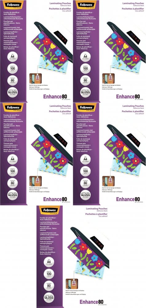 5x Folia do laminowania Fellowes, A4, samoprzylepna, 2x80 μm, 100 sztuk