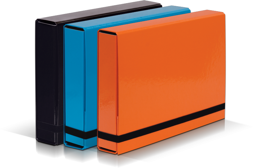 Zestaw: 3x Teczka kartonowa z gumką VauPe Box Caribic, A4, 50mm, czarny, niebieski, pomarańczowy