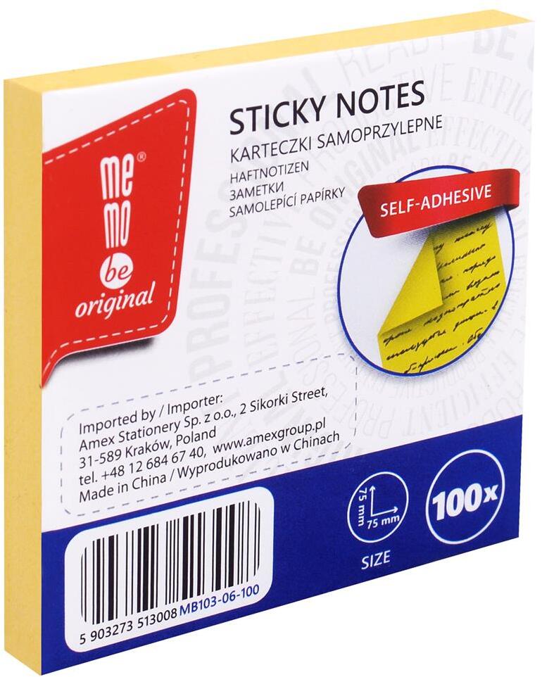 Karteczki samoprzylepne MemoBe, 75x75mm, 100 karteczek, żółty