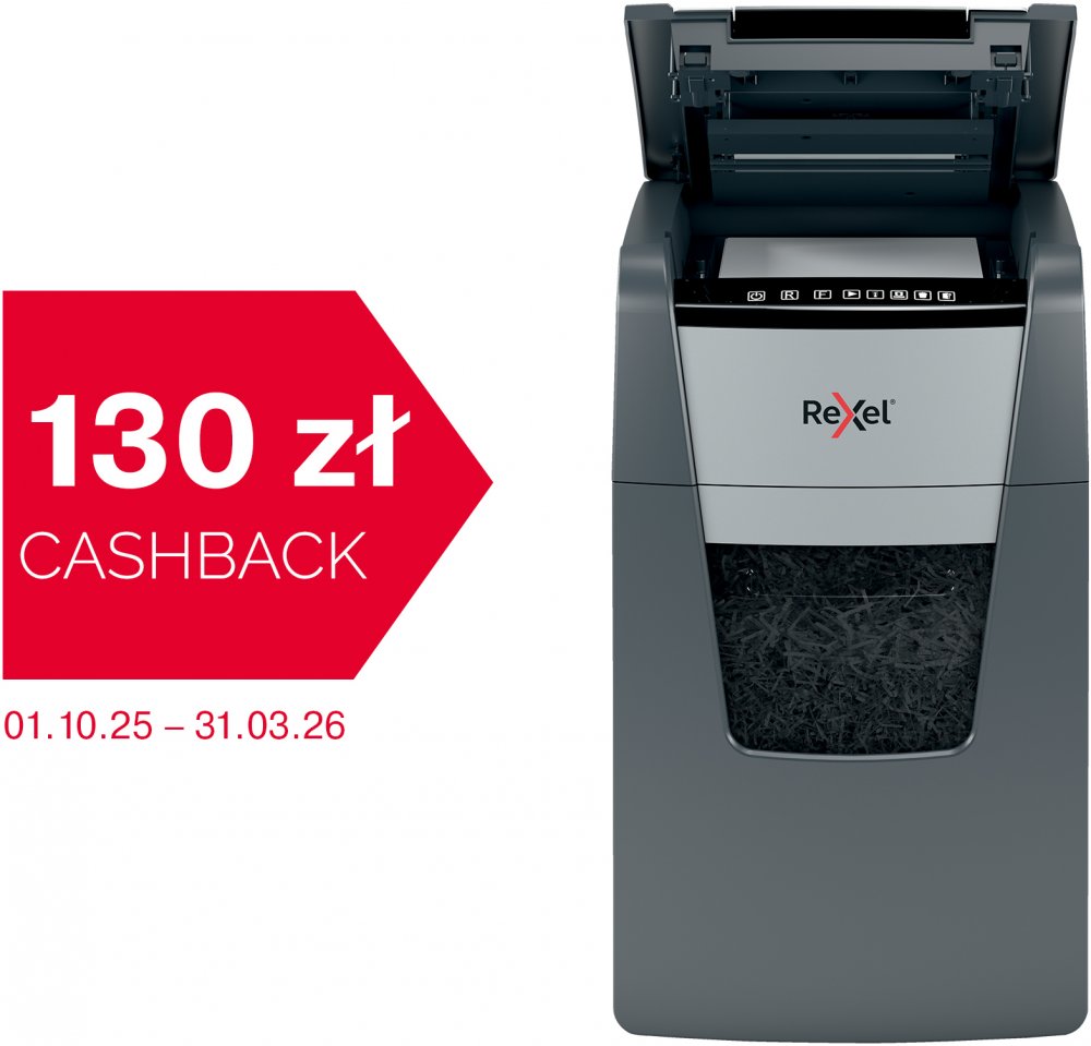 Niszczarka automatyczna Rexel Optimum AutoFeed+ 150X, konfetti 4x28 mm, 150 kartek, P-4 DIN, czarno-srebrny