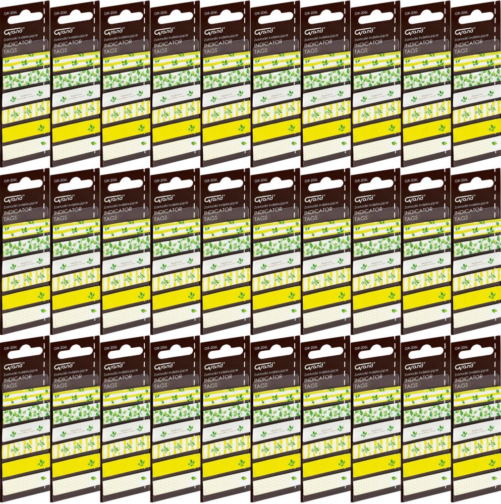 48x Zakładki samoprzylepne Grand GR-206L, proste (z nadrukiem liści), indeksujące, folia, 45x12mm, 6x20 sztuk, mix kolorów