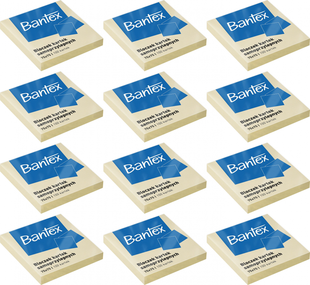 12x Karteczki samoprzylepne Bantex, 75x75mm, 100 karteczek, żółty