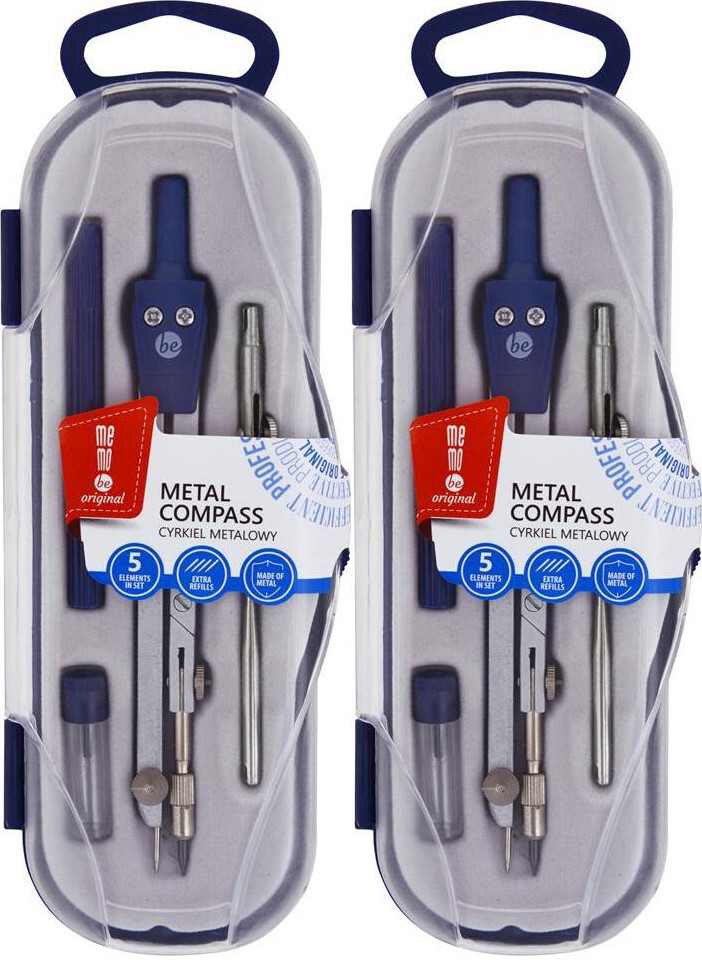 2x Cyrkiel szkolny MemoBe, z 5 elementami, srebrny