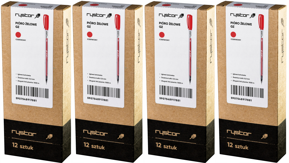 100x Długopis żelowy Rystor, GZ-031, 0.5mm, czerwony