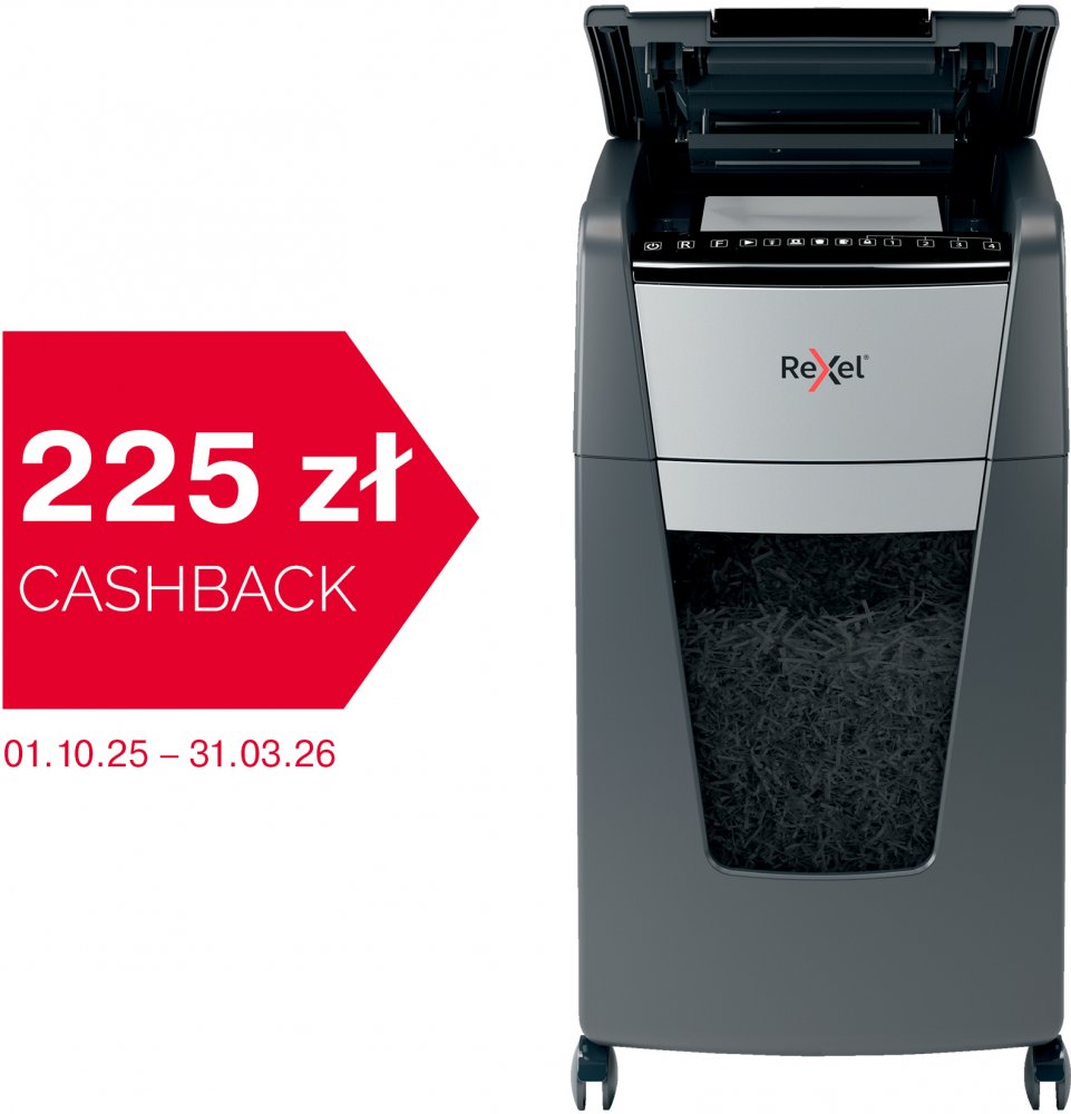 Niszczarka do papieru automatyczna Rexel Optimum AutoFeed+ 300X, konfetti 4x26 mm, 300 kartek, P-4 DIN, czarno-srebrny