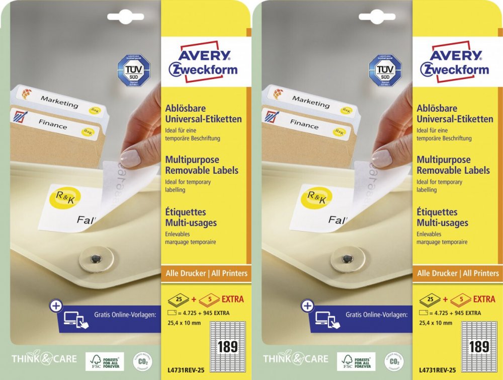 2x Etykiety samoprzylepne usuwalne Avery Zweckform, 25.4x10mm, 25 arkuszy + 5 gratis, biały