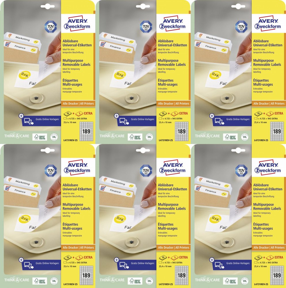 6x Etykiety samoprzylepne usuwalne Avery Zweckform, 25.4x10mm, 25 arkuszy + 5 gratis, biały