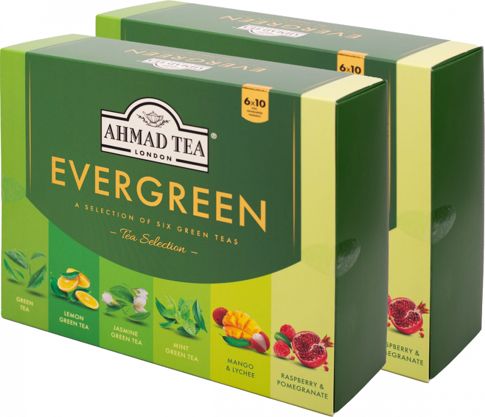 2x Zestaw herbat zielonych w kopertach Ahmad Tea Evergreen, 6 smaków, 60 sztuk x 2g
