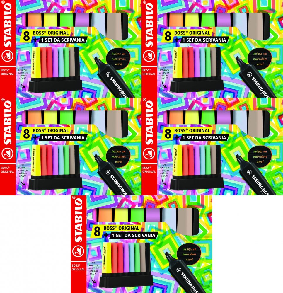 5x Zakreślacz Stabilo Boss Original, ścięta, 8 sztuk, podstawka, mix kolorów