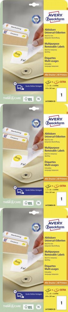 3x Etykiety samoprzylepne usuwalne Avery Zweckform, 210x297mm, 25 arkuszy + 5 gratis, biały