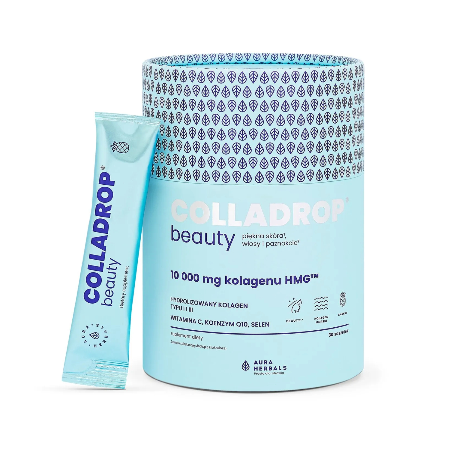Aura herbals colladrop beauty - kolagen hmg, 10000 mg, smak ananasowy, 30 saszetek (data ważności: 25.03.2026)