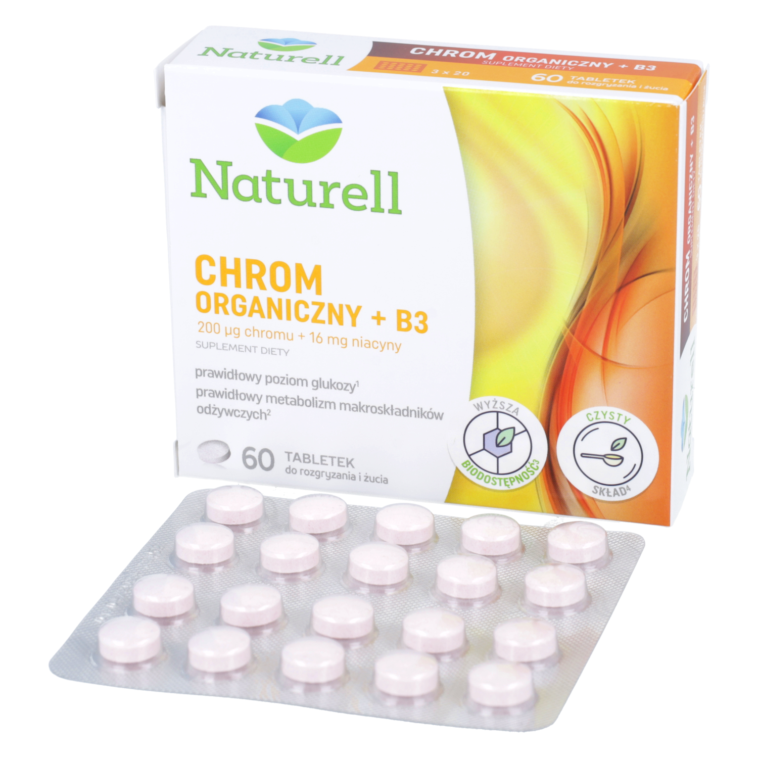 Naturell chrom organiczny + b3, 60 tabletek do rozgryzania i żucia