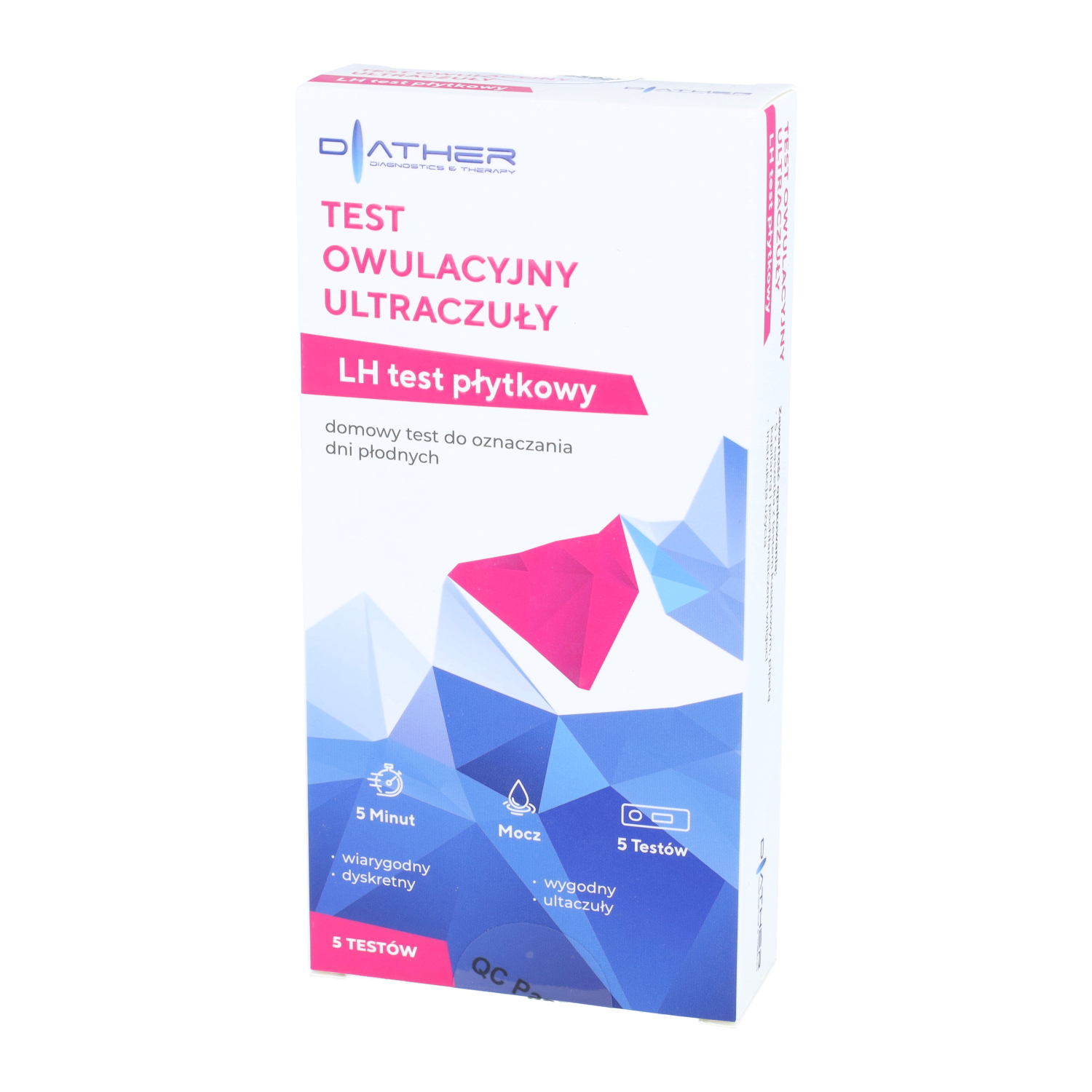 Diather - domowy ultraczuły test owulacyjny, płytkowy test służący do wykrywania hormonu lh w moczu, test do oznaczania dni płodnych, 5 sztuk