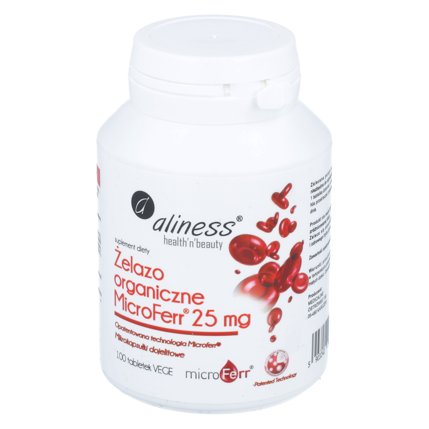Aliness żelazo organiczne microferr 25 mg, 100 tabletek